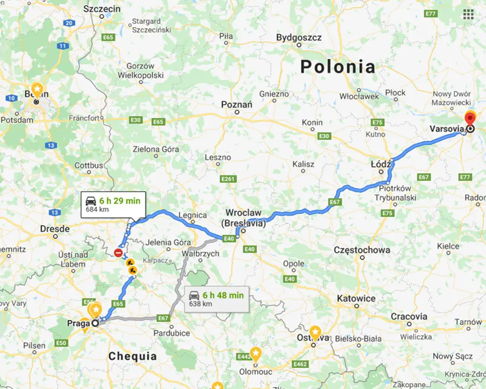 Ruta entre Praga y Varsovia en coche.
