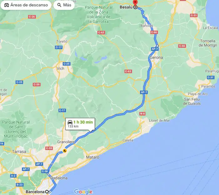 Mapa de la ruta por carretera entre Barcelona y Besalú