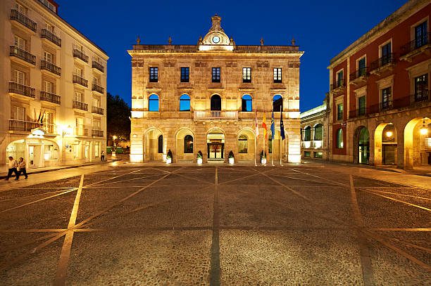 Spain, Asturias, Gijon, Plaza Mayor square, Town Hall, Casa Consistorial palace