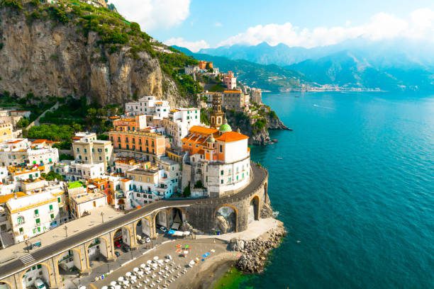 The stunning scenic road in the Amalfi coast with the Atrani town.