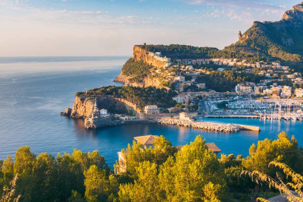 High Angle View on Port de Soller, Mallorca, Balearic Islands, Spain at Sunset.
